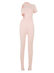 Hollowed Cropped Solid Color Wrap Jumpsuits