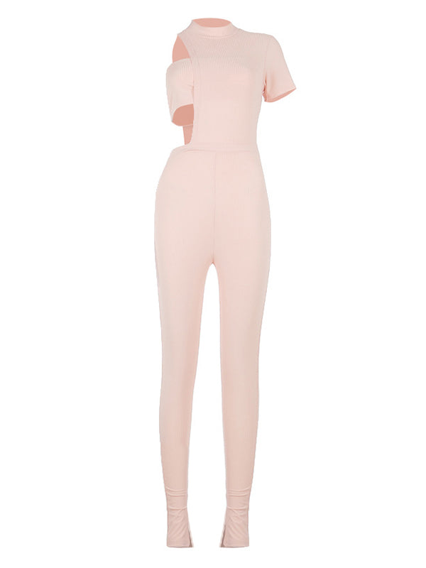 Hollowed Cropped Solid Color Wrap Jumpsuits