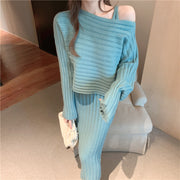 Temperament Pullover Knitted Sling Dress Set