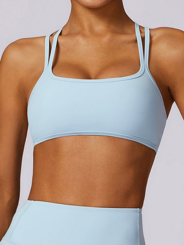 Wrap Back Cross Hollow Solid Color Spaghetti-Neck Sports Bra