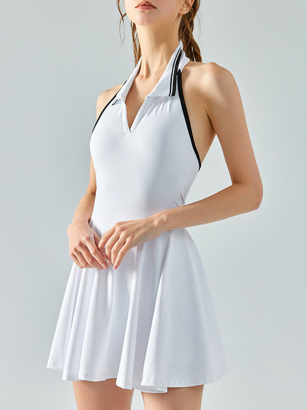 Sleeveless Backless Color-Block Halter-Neck Sports Dresses