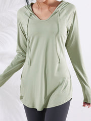 Long Sleeves Loose Yoga Tops Hooded Solid Color V-Neck Tee