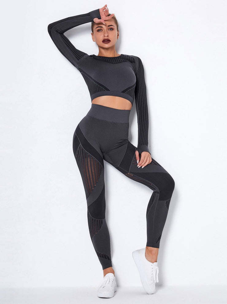 Contrast Color Long Sleeves Exposed Navel Tees&Leggings Sports Suits