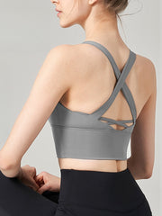 Skinny Wrap Yoga Tops Back Cross Hollow Solid Color Spaghetti-Neck Bra