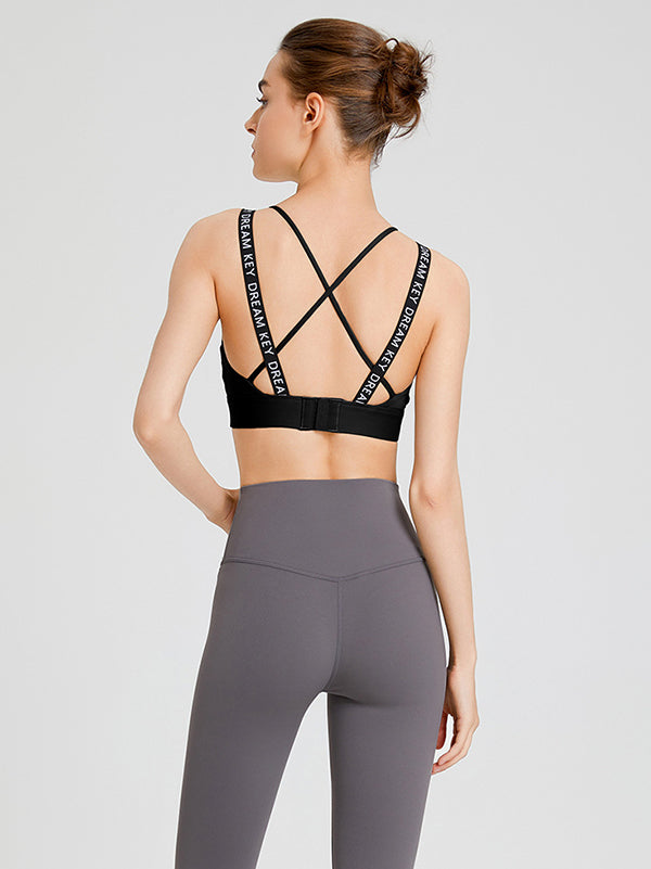 Back Cross Hollow Letter Print Solid Color Spaghetti-Neck Sports Bra