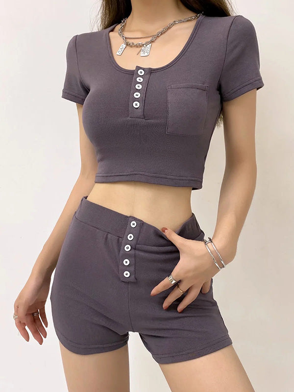 U-Neck Short Sleeve Top High-Waisted Shorts Button Casual Suit