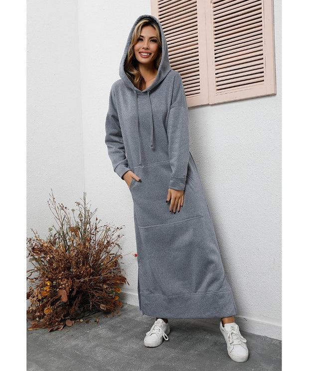 Autumn Winter New Loose Velvet Casual Fashion Big Pocket Knitted Hooded Maxi Dress