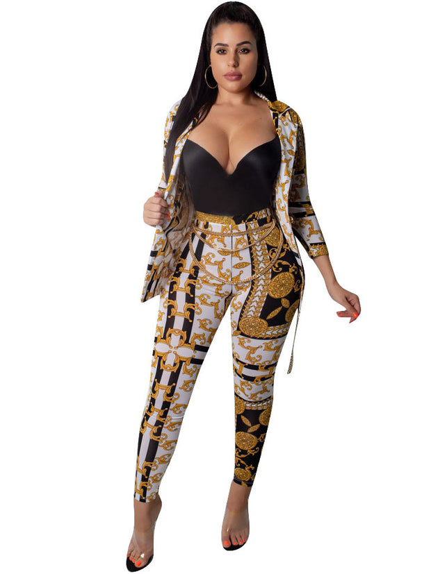 Luxuriant Printed Jackets&High Waisted Pants Trendy Suits