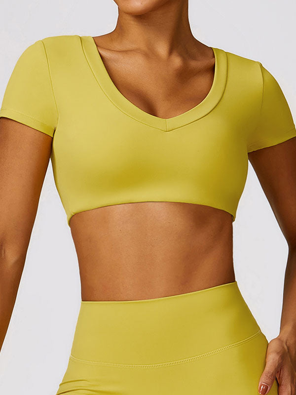 Long Sleeves Wrap Solid Color V-Neck Yoga Tops