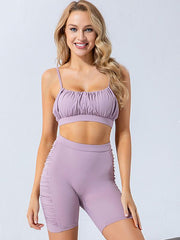 Solid Color Ruffled Spaghetti-Neck Bra&Shorts Yoga Suits