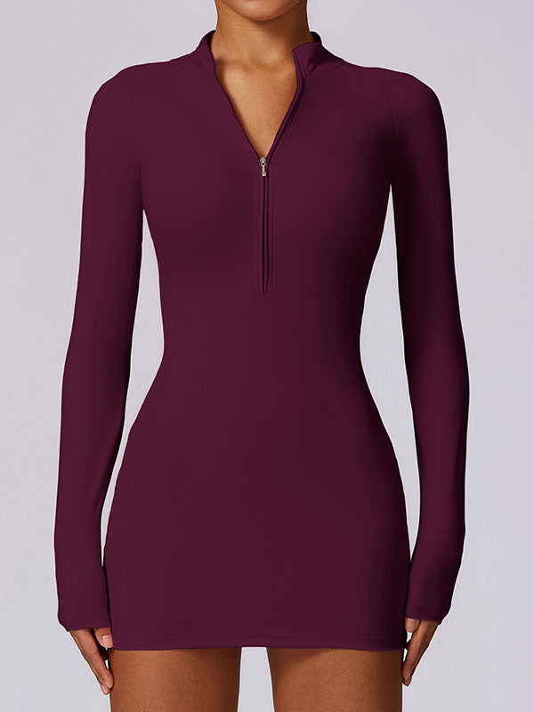 Long Sleeves Skinny Solid Color Zipper Round-Neck Mini Dresses