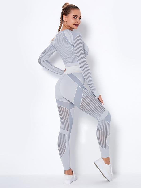 Contrast Color Long Sleeves Exposed Navel Tees&Leggings Sports Suits