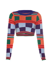 Cropped Long Sleeves Multi-Colored Round-Neck Suits