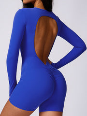 Long Sleeves Skinny Backless Solid Color Round-Neck Sports Rompers