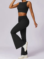 Skinny Sleeveless Backless Pleated Solid Color Round-Neck Tank&Pants Suits