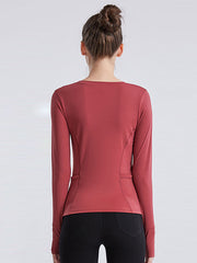 Long Sleeves Wrap Pockets Solid Color Round-Neck Yoga Tops