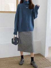 Casual Loose Long Sleeves Solid Color High-Neck Sweater Tops