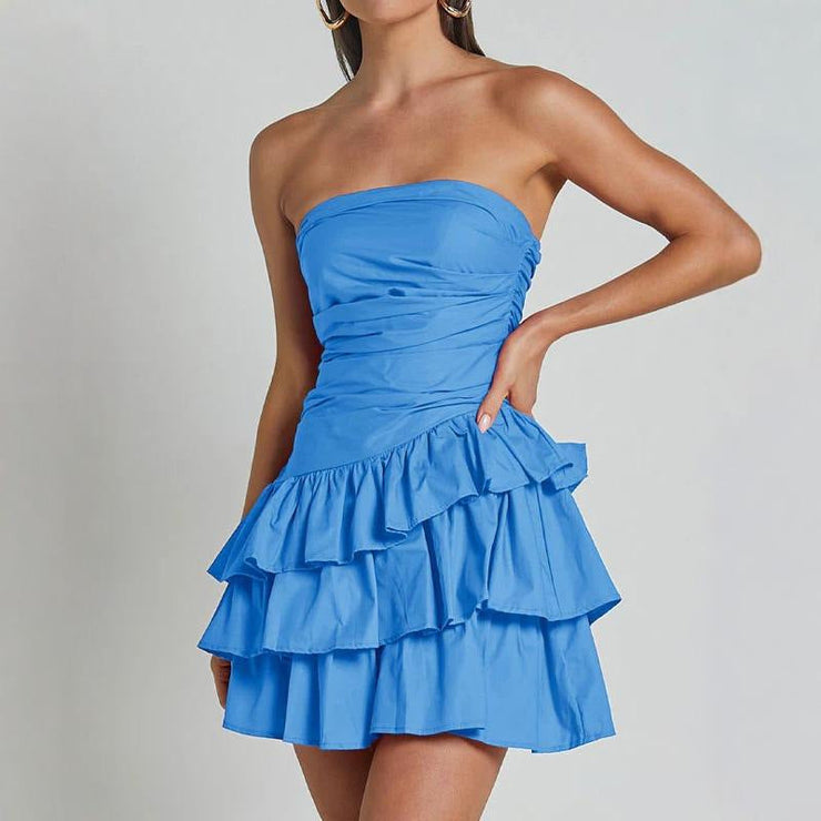 Pure Color One-Line Collar Dress Summer Women's Slim Tube Top Cake Mini Dresses