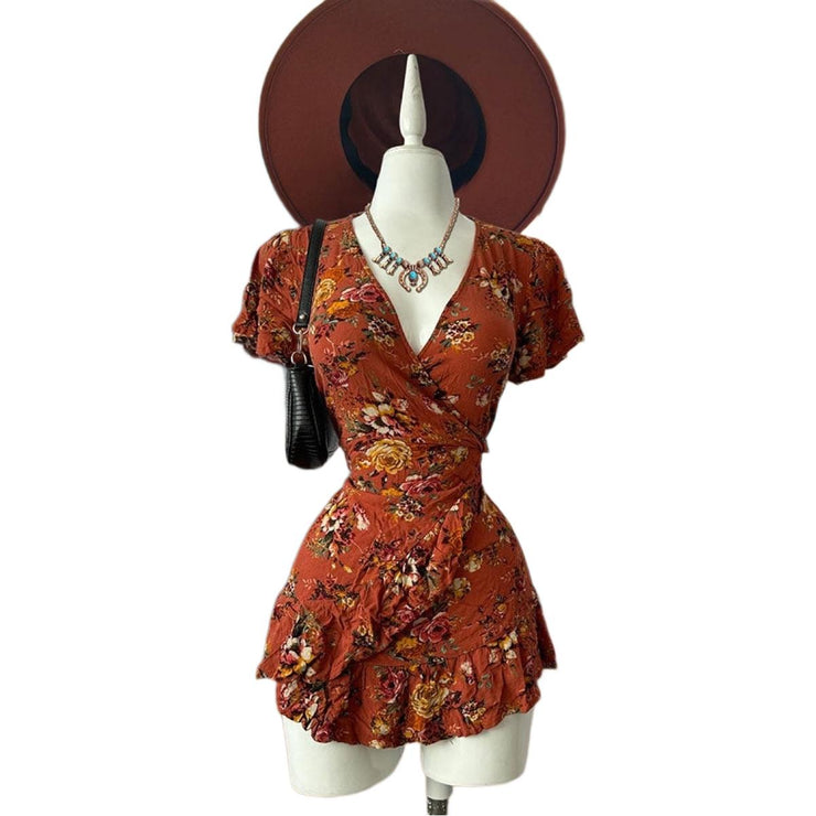 Summer Women's V Neck Short-Sleeved Chiffon Printed Dress