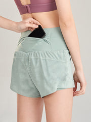 False Two Wrap Yoga Bottoms High-Waisted Pockets Solid Color Shorts