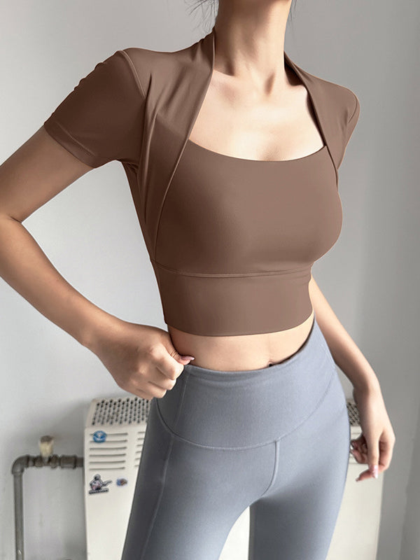 Short Sleeves Wrap Solid Color U-Neck Yoga Tops