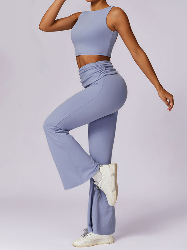 Skinny Sleeveless Backless Pleated Solid Color Round-Neck Tank&Pants Suits