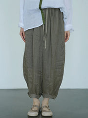 Solid Color Lace-up Cotton And Linen Pants