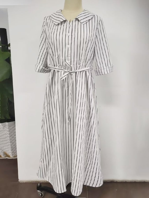 Women's Fashion Casual Striped Shirt Pocket Dress