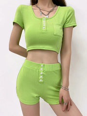 U-Neck Short Sleeve Top High-Waisted Shorts Button Casual Suit