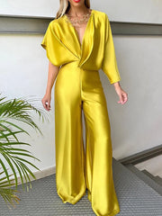 Asymmetric Solid Color Deep V-Neck Jumpsuits