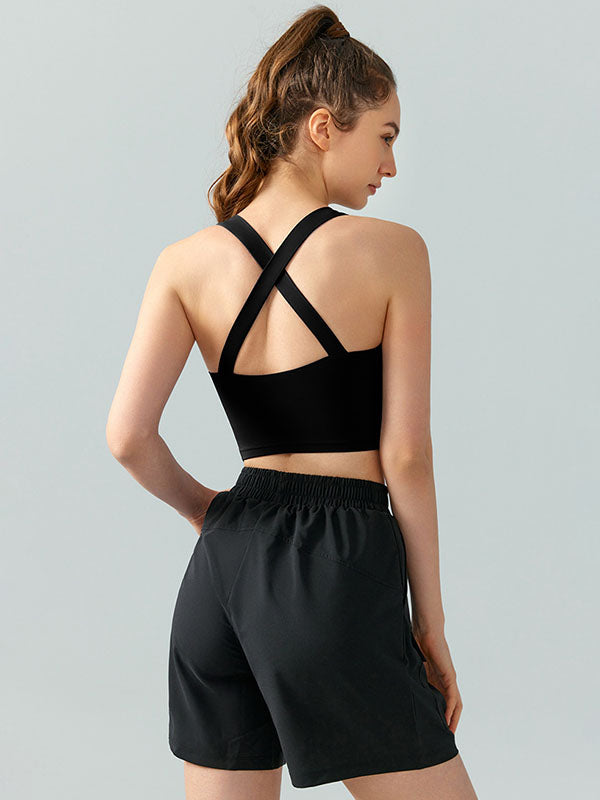 Cropped Wrap Back Cross Hollow Solid Color Square-Neck Yoga Tops