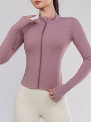 Long Sleeves Skinny Solid Color Zipper Stand Collar Yoga Tops