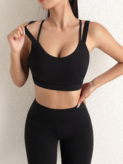 Wrap Back Cross Hollow Solid Color Spaghetti-Neck Sports Bra