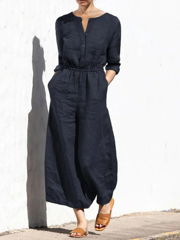 Round Neck Cotton And Linen Solid Color Long-Sleeved Jumpsuit