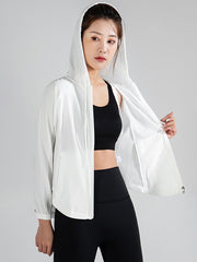 Long Sleeves Loose Hood Pockets Solid Color Zipper Yoga Tops