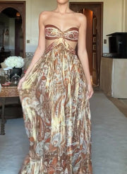Sexy Bandeau Printed Hollow Satin Dress