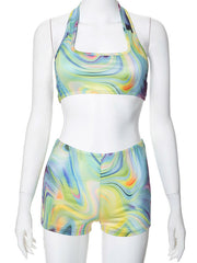 Skinny Wrap Backless Printed Halter-Neck Sports Bra&Shorts Suits