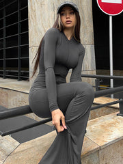 Flared Pants Solid Color Zipper Round-Neck Jumpsuits