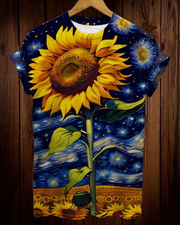 Sunflower Oil Painting Van Gogh Printed Round Neck Short-Sleeved T-Shirt