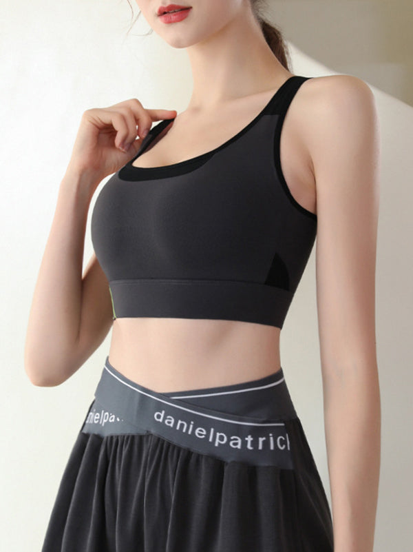 Color-Block Hollow Printed Wrap Spaghetti-Neck Sports Bra