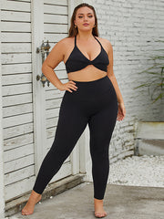 Hollow Solid Color Deep V-Neck Sports Bra&Leggings Suits