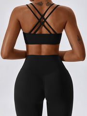 Wrap Back Cross Hollow Solid Color Spaghetti-Neck Sports Bra