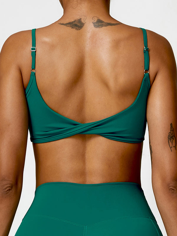 Skinny Wrap Backless Knot Solid Color Spaghetti-Neck Sports Bra