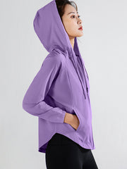 Long Sleeves Loose Hood Pockets Solid Color Zipper Yoga Tops