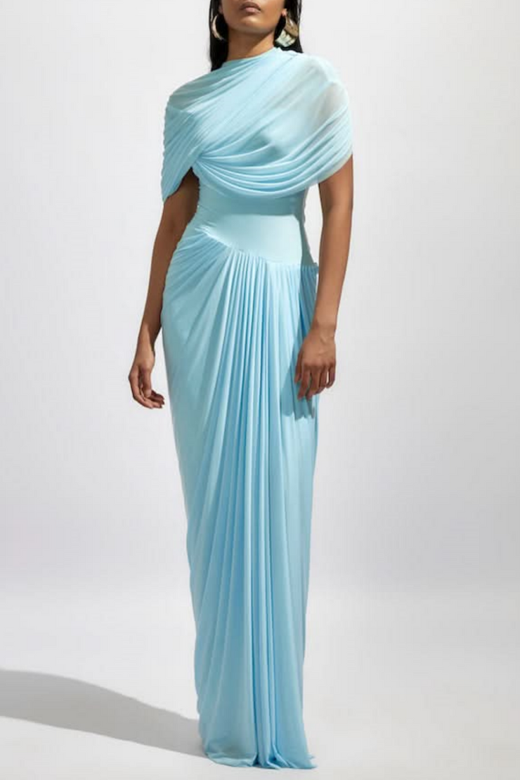Aakifa Asymmetric Draped Maxi Dress - Blue