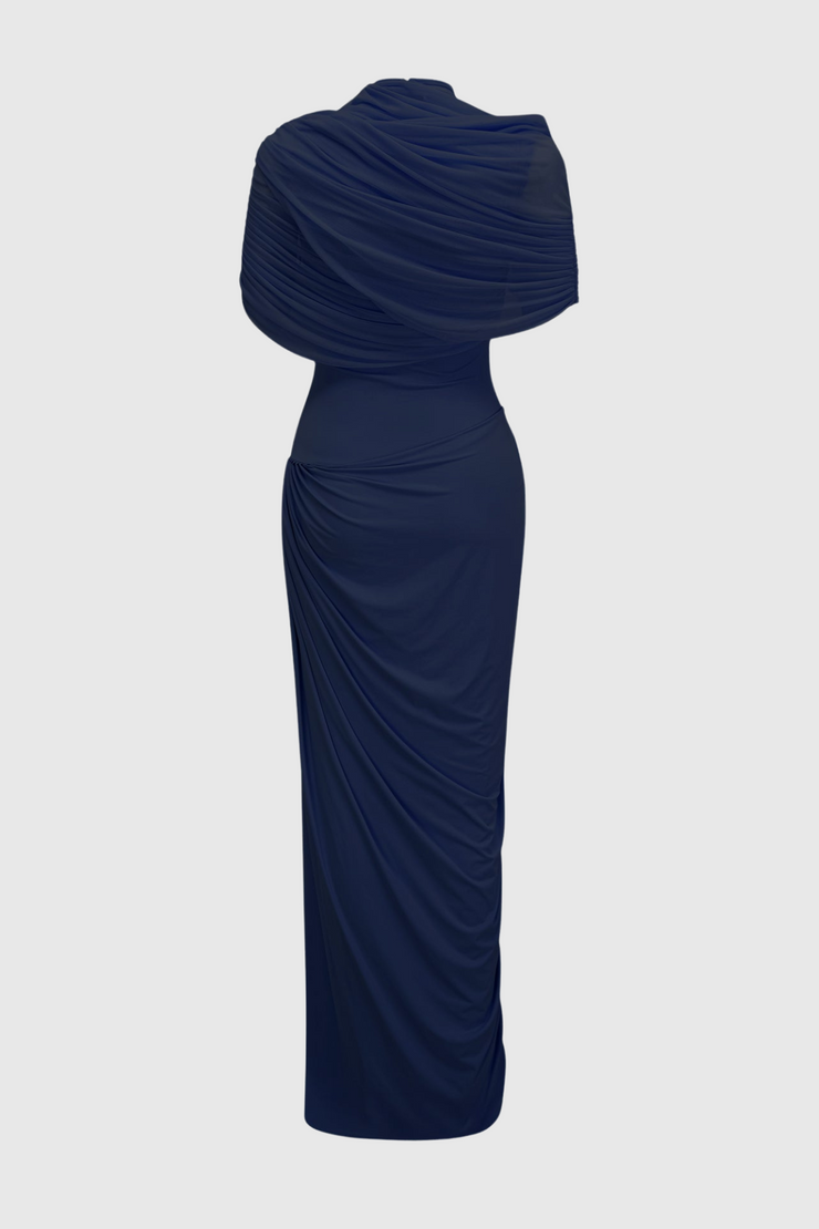 Aakifa Asymmetric Draped Maxi Dress - Navy