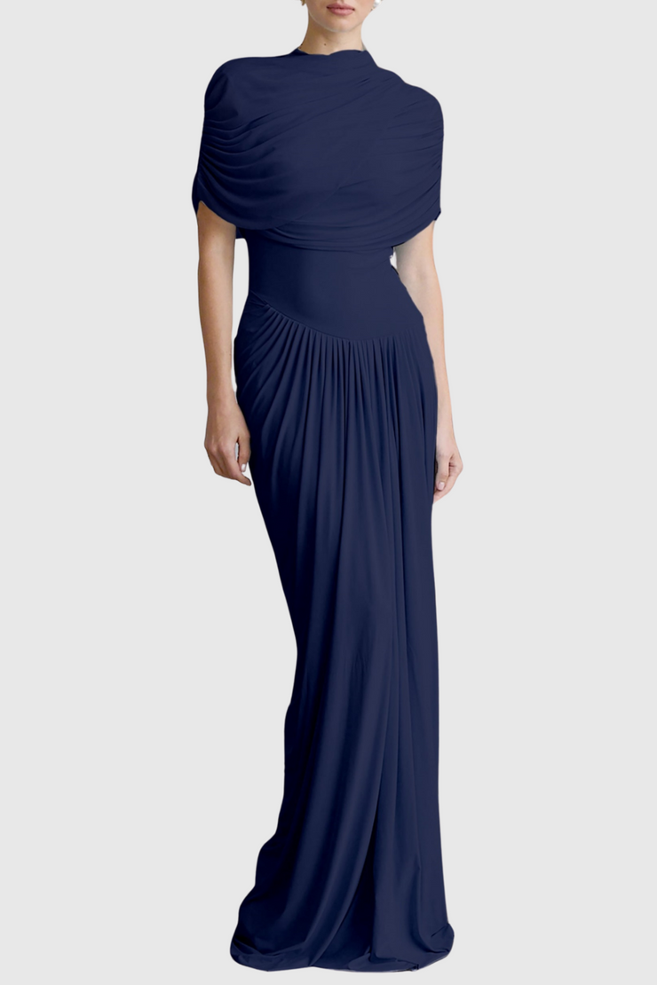 Aakifa Asymmetric Draped Maxi Dress - Navy