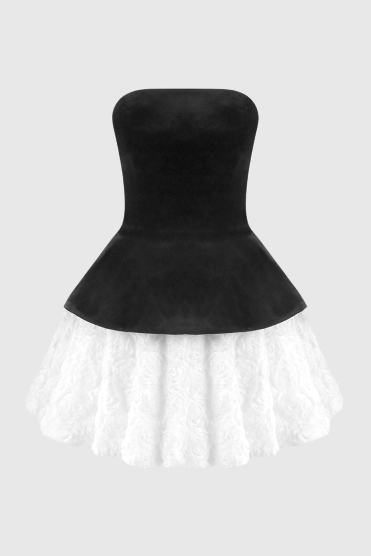 Abda Strapless Floral Layerd Velvet Mini Dress