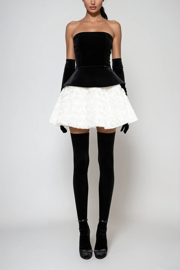 Abda Strapless Floral Layerd Velvet Mini Dress