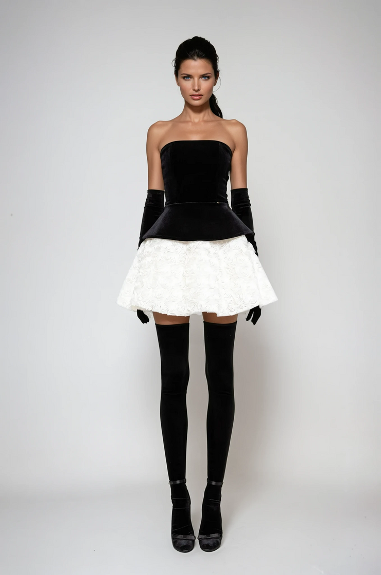 Abda Strapless Floral Layerd Velvet Mini Dress